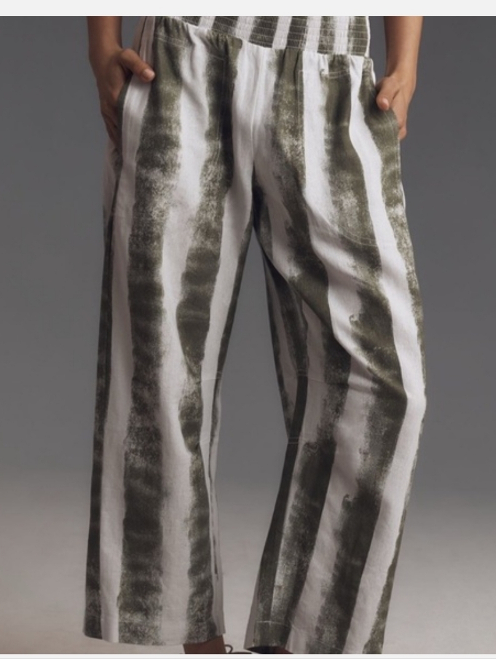 Anthropologie Olive and White Wide-Leg Striped Pants
